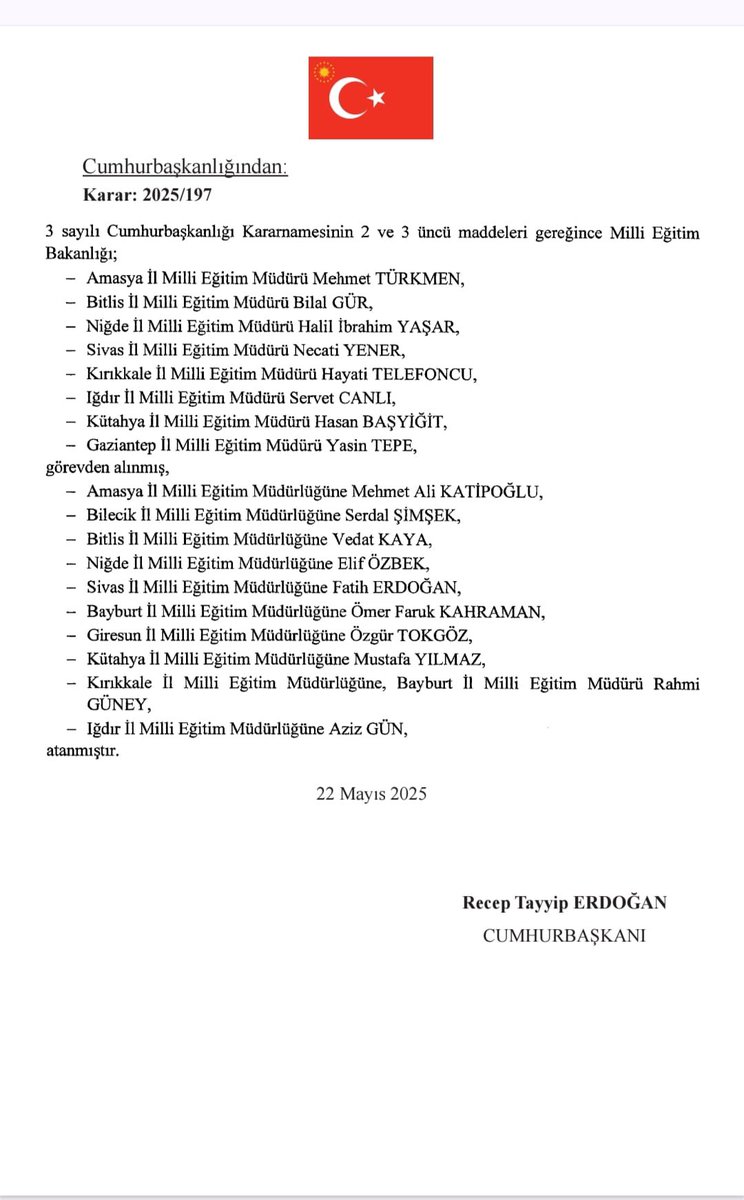 İl Milli Eğitim Müdürü olarak görevlendirildiğim Sivas’ımıza;
Bakanımız Sn.<a href="/Yusuf__Tekin/">Yusuf Tekin</a>'in tensipleri, Cumhurbaşkanımız Sn. <a href="/RTErdogan/">Recep Tayyip Erdoğan</a>'ın takdirleriyle asaleten atanmış bulunmaktayım.Şahsıma bu görevi tevdî eden Sn.Cumhurbaşkanımıza ve Sn.Bakanımıza şükranlarımı arz ediyorum.