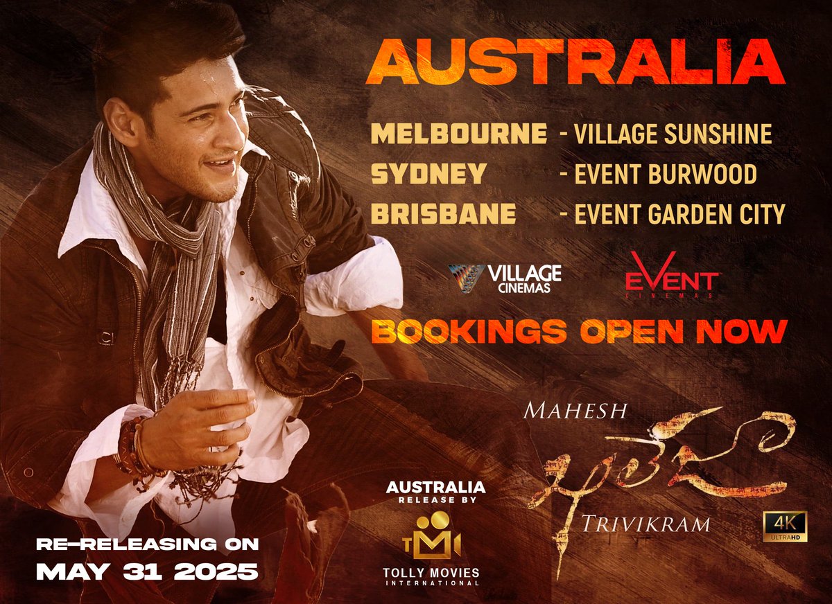 Alert! 🚨

Australia 
Melbourne - Village Cinemas Sunshine 
Sydney - Event cinemas Burwood 
Brisbane - Event Cinemas Garden city 

***Bookings Open Now***

Get ready to relive the magic on the big screens in stunning 4K resolution from 31st May 2025🎥 

Grand Re-Release by