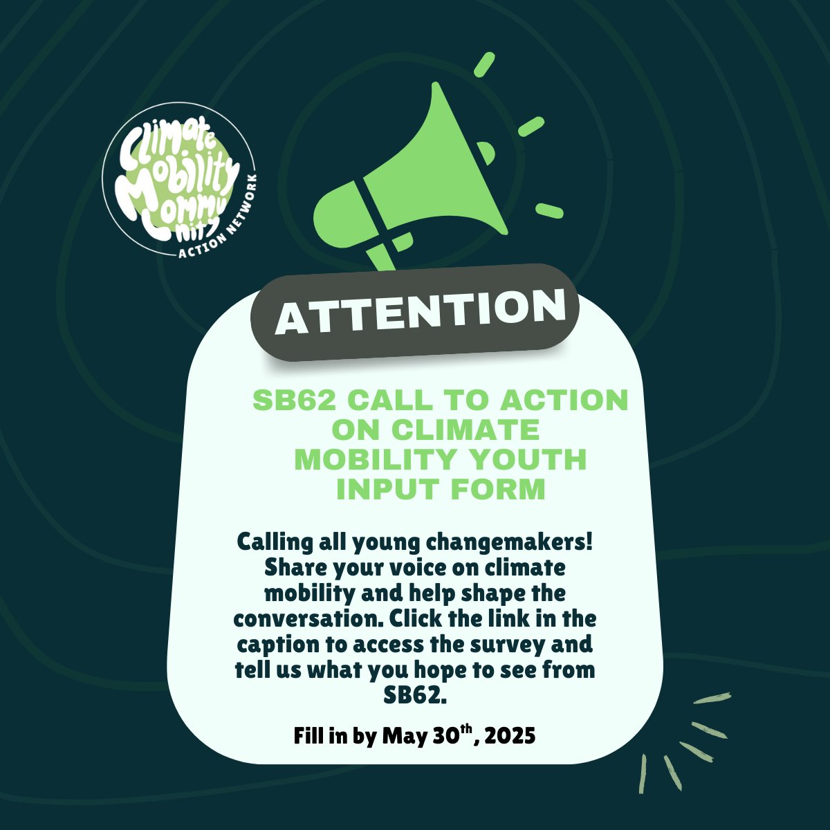 Be part of our #sb62 Climate Mobility Campaign 

As part of our Call to Action Campaign, we’re gathering insights from #young #people on what you want to see at SB62 taking place from 16th - 26th June, regarding #climatemobility.

Apply here: forms.gle/S8qUyYYRuLcKPL…
