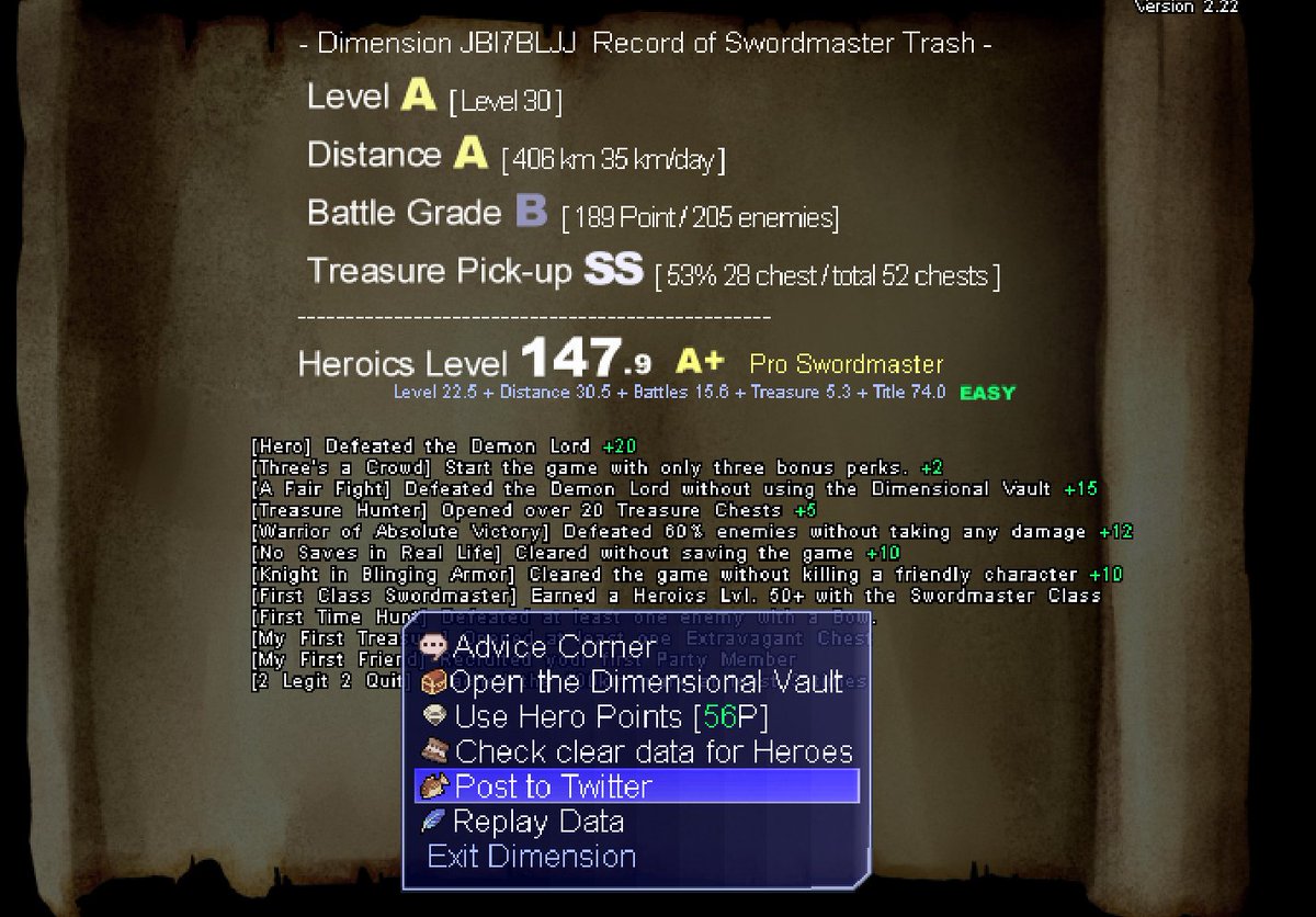 GarbageGourmand's tweet photo. Remember when games use to do this?
"Swordmaster Trash defeated the Demon Lord and saved Dimension JBI7BLJJ at 406km!"
#OneWayHeroics https://t.co/weEIJgyXlz