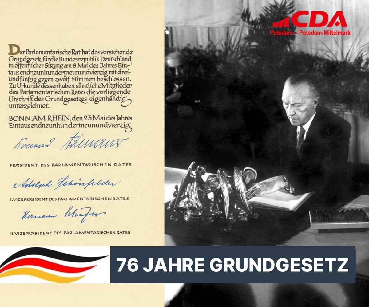 Heute, vor 76 Jahren, wurde das #Grundgesetz erlassen. Seit dem 23. Mai 1949 ist das Grundgesetz die Verfassung der Bundesrepublik Deutschland. Sie steht seitdem für #Demokatie und #Freiheit. Es lohnt sich jeden Tag, sie zu verteidigen.