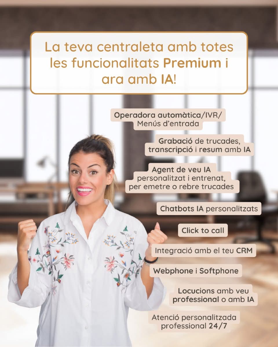 jcastellsagues's tweet photo. 🎯 Vols una centraleta que ho faci tot… i que a més pensi?
La nostra centraleta IP incorpora totes les funcionalitats que esperaries d’una plataforma Premium…
i ara també la intel·ligència artificial més avançada per empreses que volen anar un pas més enllà. #CentraletaIP https://t.co/14OuQ7HpVm