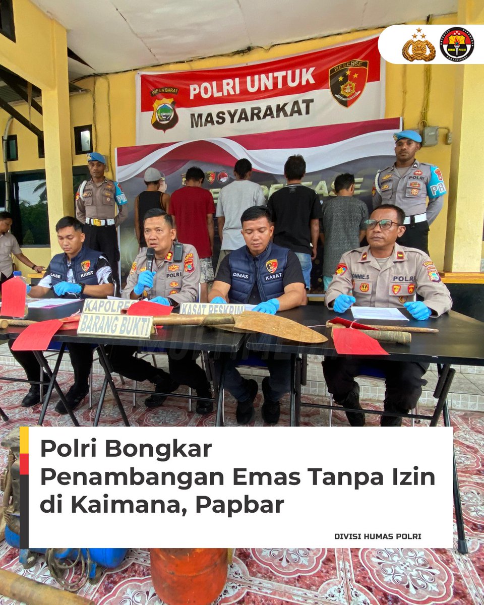 TSiattinge's tweet photo. Polda Papua Barat (Papbar) melalui Polres Kaimana berhasil mengungkap praktik penambangan emas tanpa izin di wilayah Distrik Teluk Etna, Kaimana, Papua Barat. Dari hasil pengungkapan, Kepolisian berhasil mengamankan lima orang pelaku penambangan emas tanpa izin. https://t.co/fqc7d8SVgv