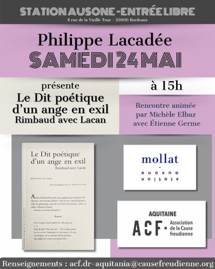 Philippe Lacadée à la librairie Mollat

Samedi 24 Mai à 15h00 - Station Ausone de la <a href="/librairiemollat/">Librairie Mollat</a> , 8 rue de la Vieille Tour à Bordeaux 

<a href="/filadee/">Lacadée Philippe</a>