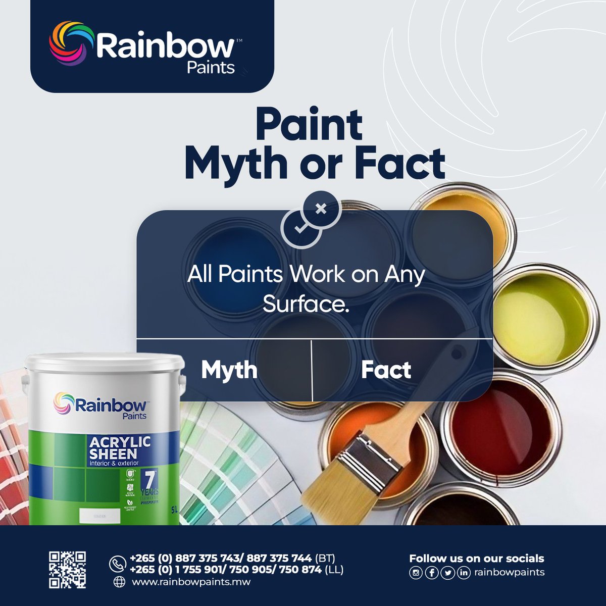 rainbowpaintsmw's tweet photo. Time to test your paint knowledge! Vote True or False in the comments. We’ll bust the myths later today.
#PaintFacts #RainbowPaintsMW #EngageWithUs #PaintQuizFriday #KnowYourPaint #MythVsFact #FridayBuzzMW https://t.co/NFtMxXAGe5