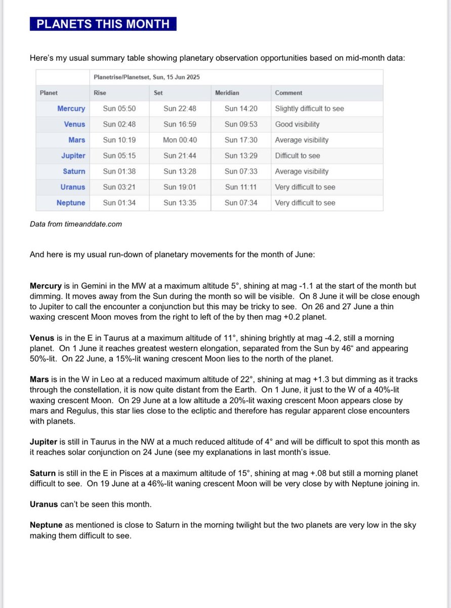 Here is the Sky Guide, Part 1, for June 2025 produced by Society Treasurer Doug Bickley.
Packed with information of events to look out for.
Note all timings are based on the Wolverhampton Area <a href="/wolvasuk/">Wolves Astro Society</a> wolvas.org.uk