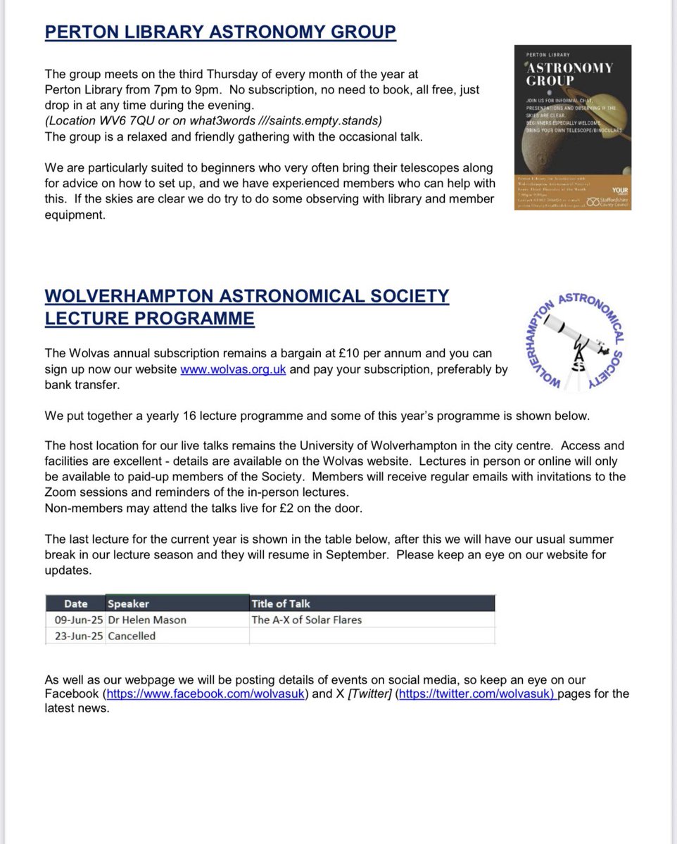 Here is the Sky Guide, Part 2, for June 2025 produced by Society Treasurer Doug Bickley.
Packed with information of events to look out for.
Note all timings are based on the Wolverhampton Area <a href="/wolvasuk/">Wolves Astro Society</a> wolvas.org.uk