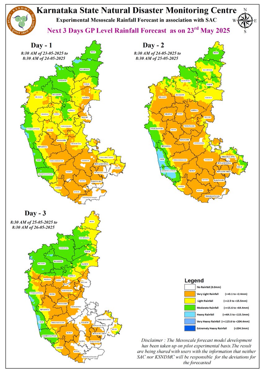 KarnatakaSNDMC's tweet photo. 23.05.2025 ರಂತೆ ರಾಜ್ಯದ ಮುಂದಿನ ಮೂರು ದಿನಗಳ #ಮಳೆ #ಮುನ್ಸೂಚನೆ ನಕ್ಷೆಗಳು.
#ಬೇಸಿಗೆಮಳೆ #ವಸಂತಮಳೆ #ಪೂರ್ವಮುಂಗಾರು #KarnatakaRains
#Rainfall #Forecast Maps for the next three days as of 23.05.2025.
#thunderstorms #summerrains #PreMonsoon #nature #SpringRains #hailstorm
@KarnatakaVarthe https://t.co/9mChLqrjbV