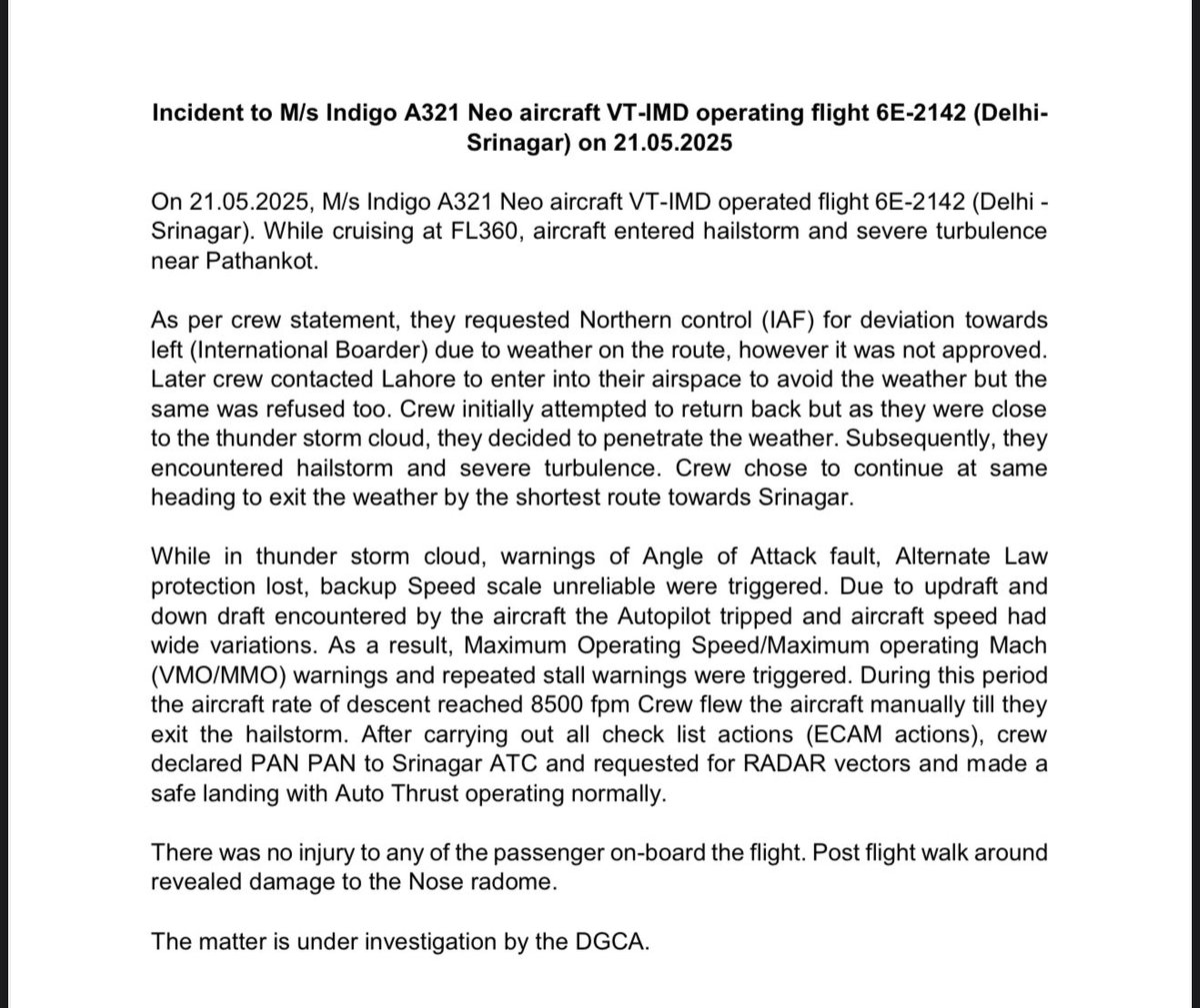 #BREAKING: India’s Directorate General of Civil Aviation (DGCA) says, Indigo crew contacted Lahore ATC to enter into their airspace to avoid hailstorm and severe turbulence near Pathankot in Punjab. But Lahore ATC refused permission. (Pakistan goes against all humanitarian norms)