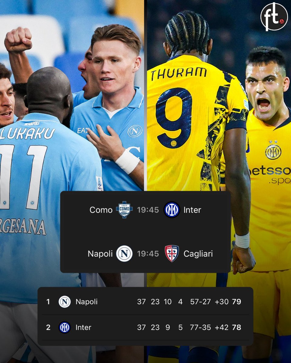⏰ 7.45pm: 🍿 Como vs. Inter 🍿 Napoli vs. Cagliari The winner of the  Scudetto will be decided 𝗧𝗢𝗡𝗜𝗚𝗛𝗧. 🇮🇹🏆 🔮 𝗣𝗥𝗘𝗗𝗜𝗖𝗧𝗜𝗢𝗡:  Which club will win the title?, image size:960x1200