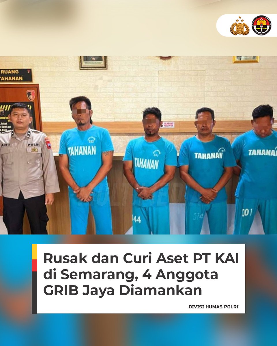 TSiattinge's tweet photo. Polda Jawa Tengah telah menangkap empat anggota ormas GRIB Jaya atas dugaan perusakan aset PT Kereta Api Indonesia di Kota Semarang, tepatnya kawasan Gergaji Kelurahan Mugassari Kecamatan Semarang Selatan. https://t.co/z0iPMuULJN