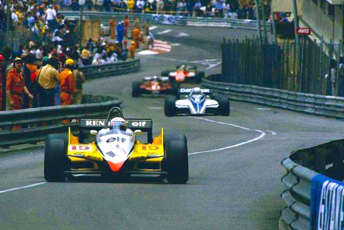 #MonacoGP win for Patrese (Brabham) #OnThisDay in ’82, a race in which 4 potential victors shunted or ran out of fuel in the last laps, including Prost (Renault), here leading Patrese, Pironi (Ferrari) &amp; de Cesaris (Alfa), who nearly took what would have been his only #F1 GP win.