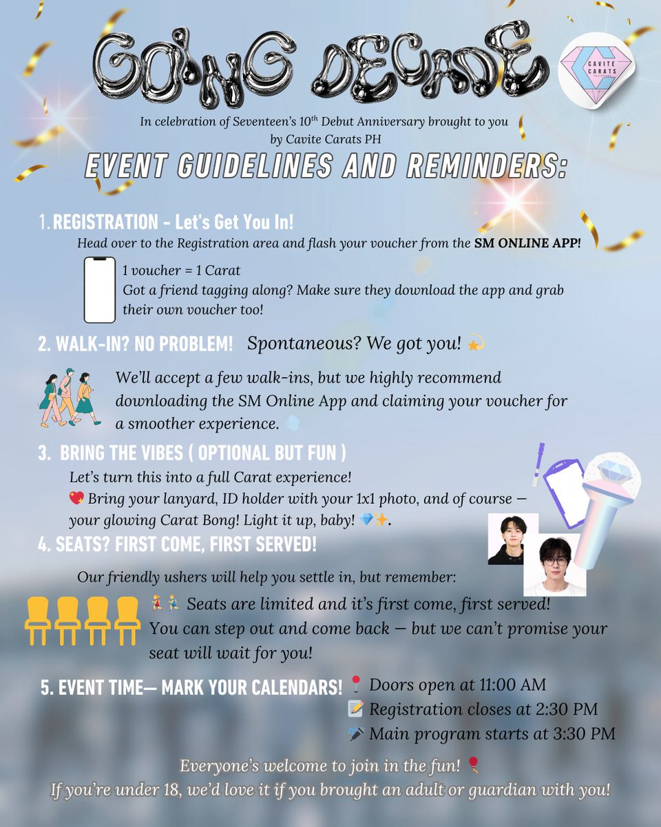 cvt_caratsph's tweet photo. D-1 of #GoingDecade π
Here's a few reminders for our attendees! We can't wait to celebrate SEVENTEEN's 10th Anniversary with you!
#CaviteCaratsPH #EverythingsHereAtSM #FeelGoodAtSMDasma #DASHinDasma https://t.co/iwYrSIDmVO
