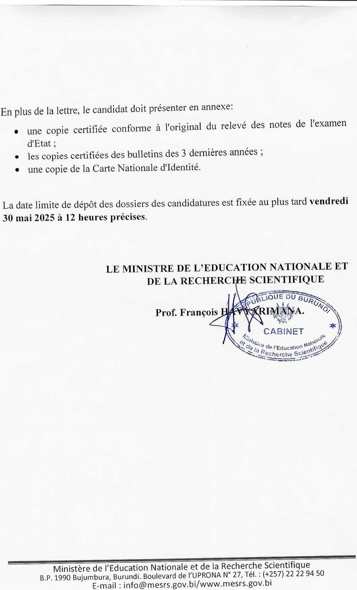 Le <a href="/bureau_et/">Burundi/Bureau des Bourses d'Etudes et de Stages</a> porte à la connaissance du public que le Royaume du Maroc a offert  des bourses de formation de techniciens supérieurs au <a href="/BurundiGov/">Bureau du Premier Ministre</a> pour l'année académique 2025-2026.  La date limite de dépôt des dossiers est fixée au vendredi 30/5/2025 à midi.