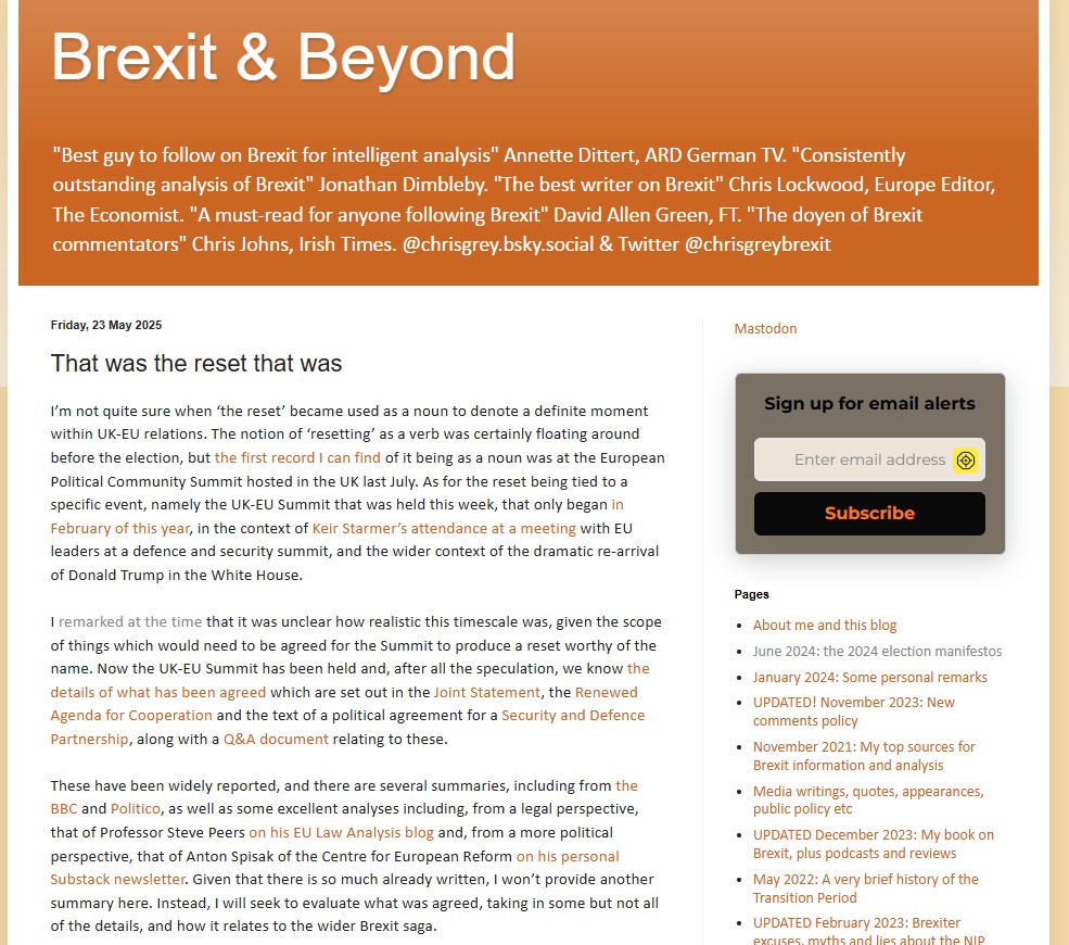 chrisgreybrexit's tweet image. That was the reset that was. New post on my Brexit & Beyond Blog evaluating the framing and content of the UK-EU reset Summit, political reactions to it, and what it says about Labour's post-Brexit approach to the EU: chrisgreybrexitblog.blogspot.com/2025/05/that-w…