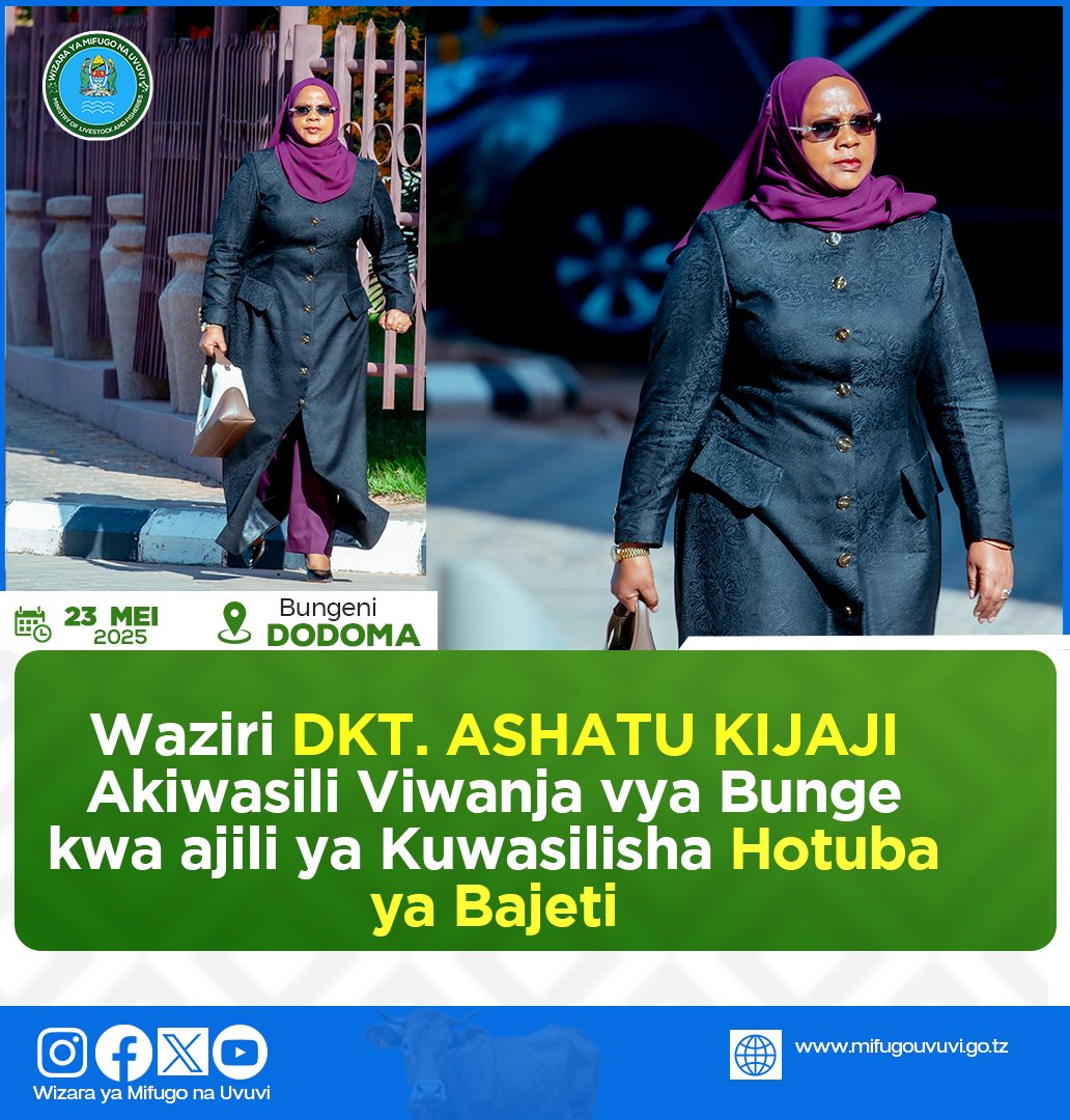 Waziri wa Mifugo na Uvuvi, Mhe. Dkt. Ashatu Kijaji akiwasili Bungeni kwa ajili ya kuwasilisha Makadirio ya Mapato na Matumizi ya Wizara ya Mifugo na Uvuvi kwa mwaka wa fedha 2025/2026 leo Mei 23, Bungeni jijini Dodoma.