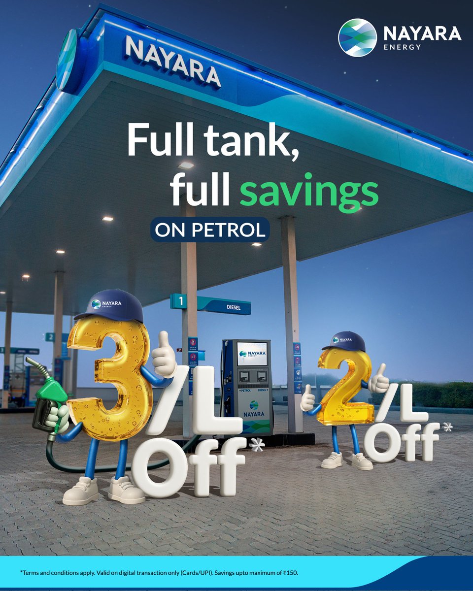 Every refuel comes with savings!
Get ₹2 off per litre when you fuel up with ₹600–₹2,999 worth of petrol, and ₹3 off per litre when you fuel up for ₹3,000 or more.

Don't miss out! Visit #NayaraEnergy petrol pumps today.

*T&amp;C apply.

#Savings #Petrol