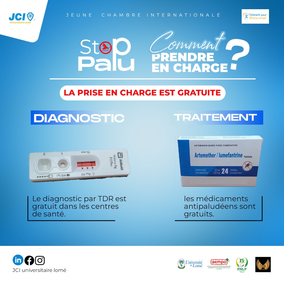 Pour un diagnostic et un traitement précoces , Il a été mis gratuitement à la disposition de tous les centres de santé publics et privés accrédités, des tests de diagnostic rapide (TDR) et des médicaments antipaludéens.

#STOPPALU #JCIUniversitaireLomé #aempolome #aempotogo