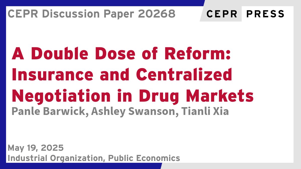 CEPR (@cepr_org) on Twitter photo New CEPR Discussion Paper - DP20268
A Double Dose of Reform: Insurance and Centralized Negotiation in Drug Markets
Panle Barwick <a href="/UWMadison/">UW–Madison</a> <a href="/WIeconomics/">Wisconsin Economics</a>, Ashley Swanson <a href="/UWMadison/">UW–Madison</a> <a href="/WIeconomics/">Wisconsin Economics</a>, Tianli Xia <a href="/UofR/">University of Rochester</a>
ow.ly/BLiA50VVsGw
#CEPR_IO #CEPR_PE #EconTwitter New CEPR Discussion Paper - DP20268
A Double Dose of Reform: Insurance and Centralized Negotiation in Drug Markets
Panle Barwick <a href="/UWMadison/">UW–Madison</a> <a href="/WIeconomics/">Wisconsin Economics</a>, Ashley Swanson <a href="/UWMadison/">UW–Madison</a> <a href="/WIeconomics/">Wisconsin Economics</a>, Tianli Xia <a href="/UofR/">University of Rochester</a>
ow.ly/BLiA50VVsGw
#CEPR_IO #CEPR_PE #EconTwitter