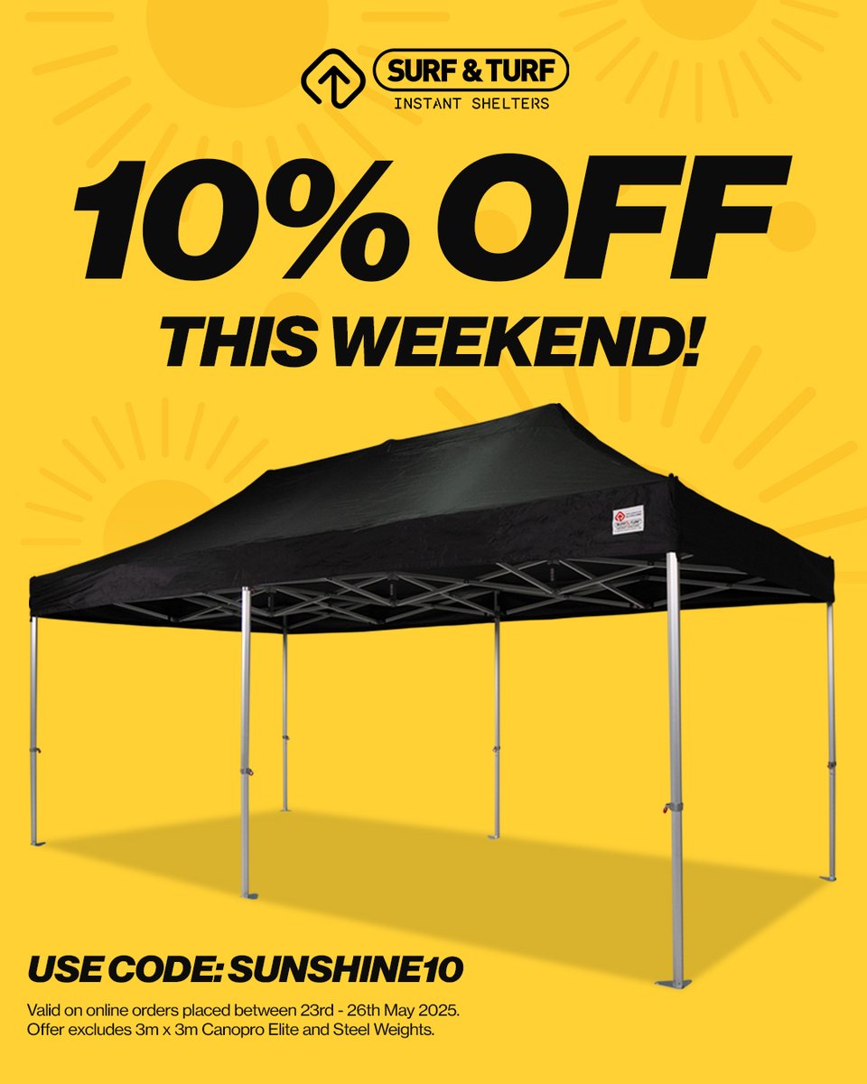 ☀️10% OFF ONLINE ORDERS☀️this Bank Holiday weekend!

Use code SUNSHINE10 at checkout. 🗓️ Offer valid until midnight Monday.

Don't miss out on a discount - Shop Now! 🛒

surfturf.co.uk/gazebos/gazebo…