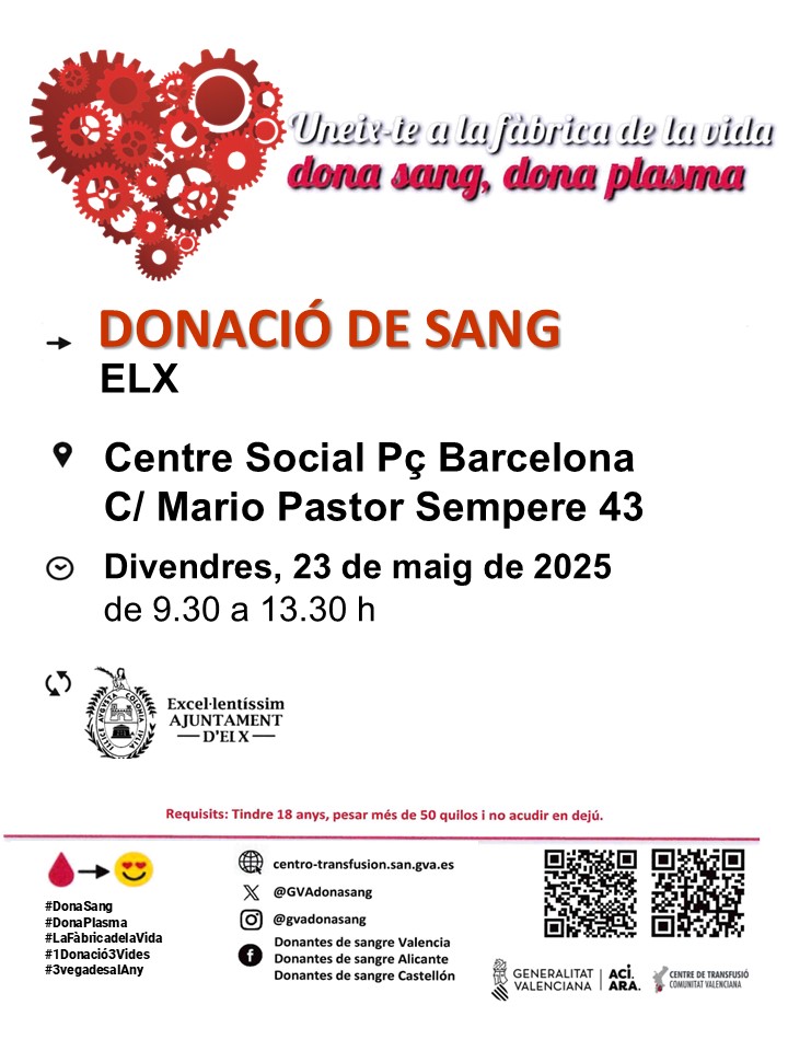 Dona sangre en #Elche
📆Viernes #23mayo 

👉No esperes a una situación de emergencia, dona con regularidad para salvar vidas.

#DonaSangre #ComparteVida ❤