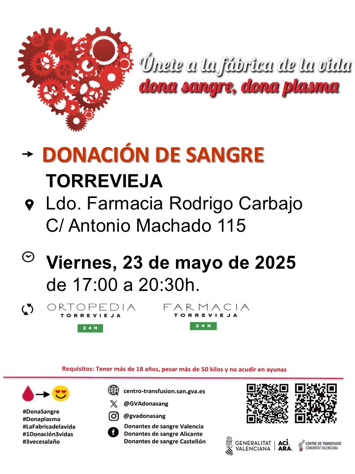 Dona sangre en #Torrevieja 
📆Viernes #23mayo 

👉No esperes a una situación de emergencia, dona con regularidad para salvar vidas.

#DonaSangre #ComparteVida ❤