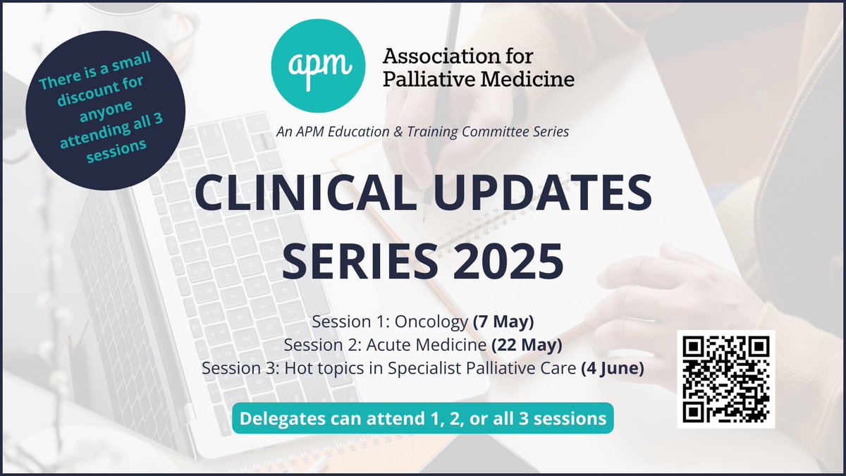 APM_Hub's tweet image. Thank you to everyone who joined part 2 of the clinical update series.
Join us for the next session
Session 3: Hot topics in Specialist Palliative Care (4 June)
🎟️apmonline.org/events/clinica…
Watch Back tickets for part 1 & 2 are available via the website. Approved for 9 CPD credits