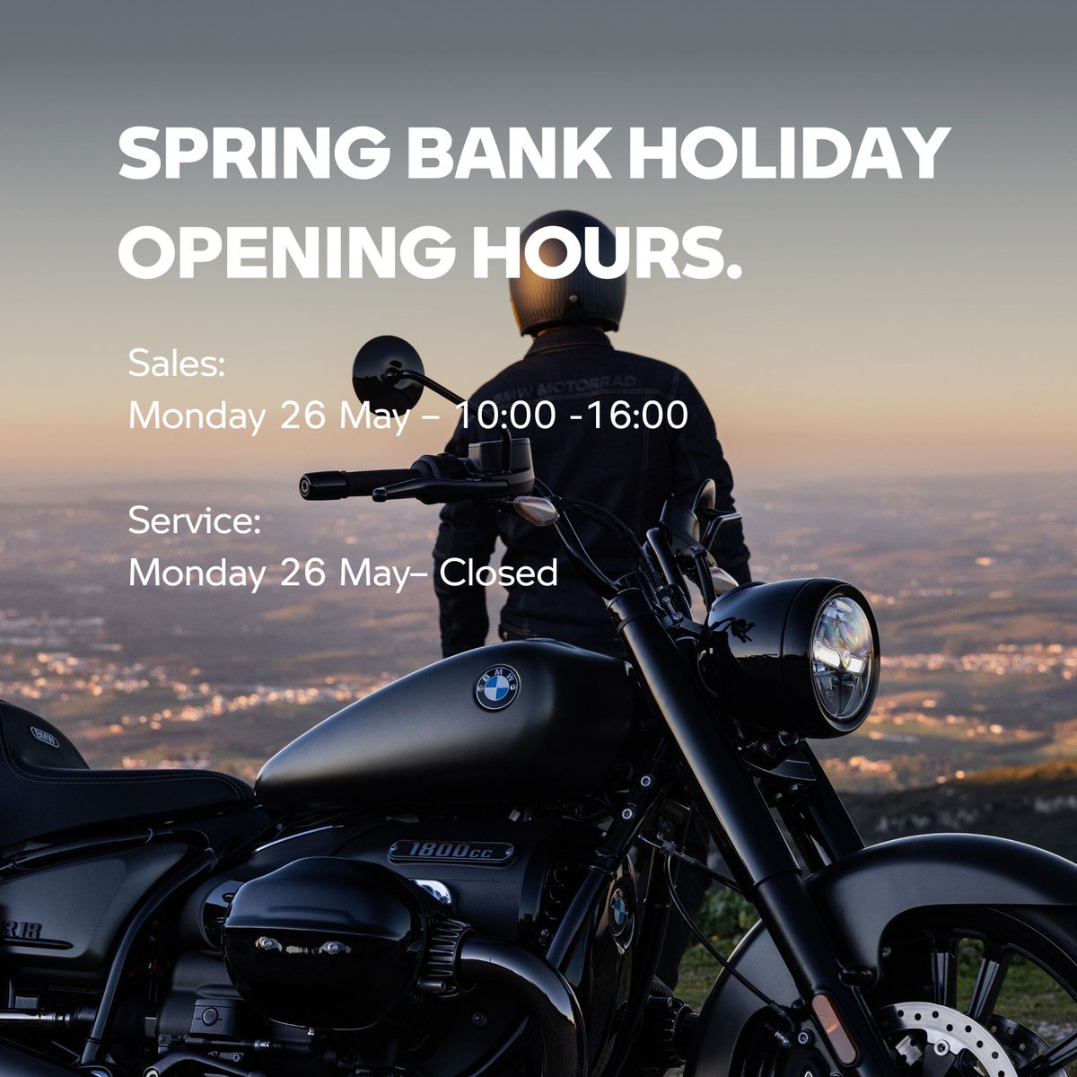 Spring Bank Holiday Opening Hours
Please note our updated hours for the upcoming bank holiday:

Monday 26 May
Sales: 10am-4pm
Service &amp; Parts: Closed

We hope you enjoy the long weekend☀️

#Vines #BankHolidayHours #BMW
