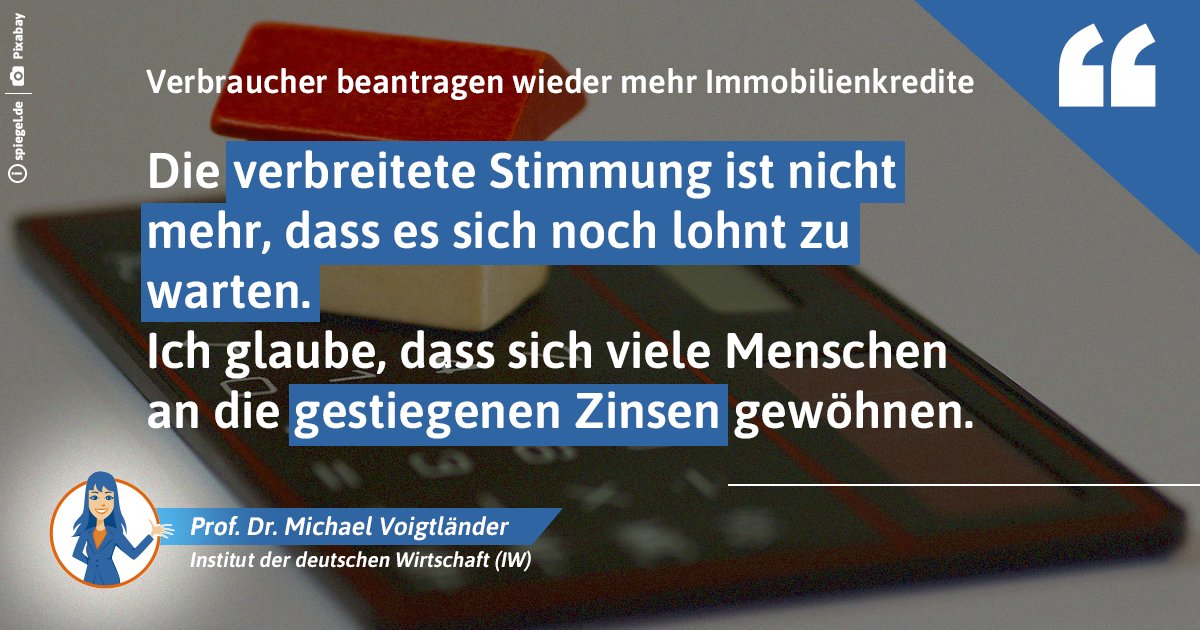 Trotz eines Zinsniveaus von über 3 Prozent stieg die Zahl der abgeschlossenen Kreditverträge im Privatbereich für Immobilien zuletzt wieder. Laut <a href="/derspiegel/">DER SPIEGEL</a>  haben sich viele Menschen inzwischen mit der neuen Finanzierungssituation abgefunden. 

spiegel.de/wirtschaft/ban…