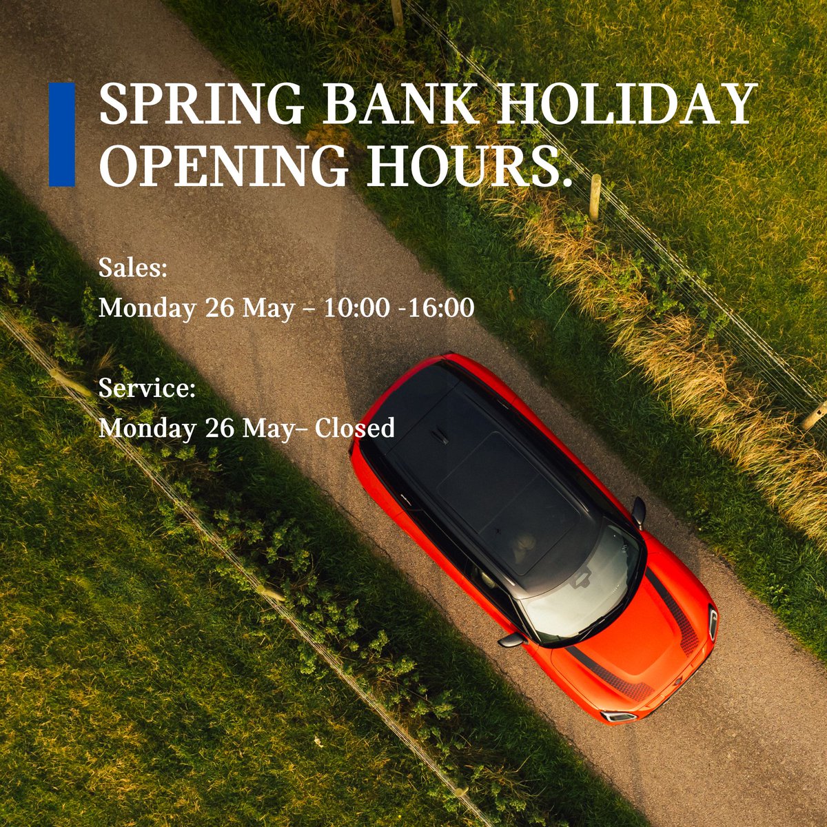Spring Bank Holiday Opening Hours
Please note our updated hours for the upcoming bank holiday:

Monday 26 May
Sales: 10am-4pm
Service &amp; Parts: Closed

We hope you enjoy the long weekend☀️

#Vines #BankHolidayHours #MINI