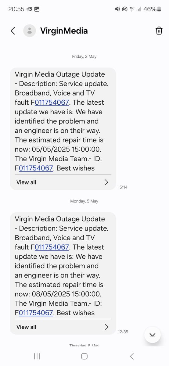 sj_dennis's tweet photo. @virginmedia I didn’t think your service could get any worse! The service is appalling &amp; we’ve no internet more often than we do but I can’t get out of my contract with you!! Getting daily messages telling me it will be fixed today then another no it won’t. Since January!! https://t.co/zOiGyuHiMU