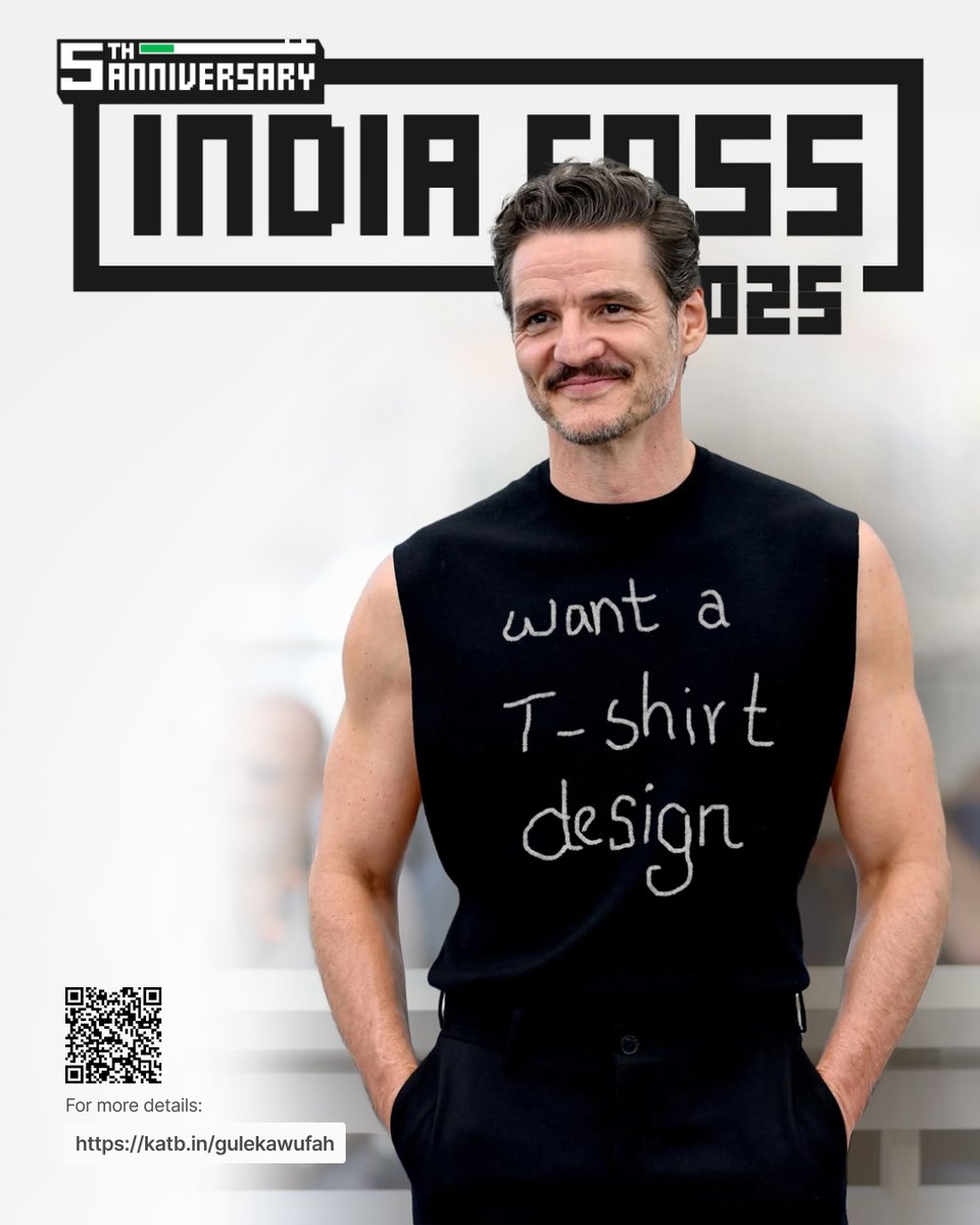 FOSS United (@fossunited) on Twitter photo Pedro said, “Want a T-shirt design”, and we felt that.
So here’s your chance to design the official <a href="/IndiaFOSS/">IndiaFOSS 2024</a> 2025 tee 👕
Rules: No boring briefs. Just your wildest, nerdiest, funniest design. Pedro said, “Want a T-shirt design”, and we felt that.
So here’s your chance to design the official <a href="/IndiaFOSS/">IndiaFOSS 2024</a> 2025 tee 👕
Rules: No boring briefs. Just your wildest, nerdiest, funniest design.
