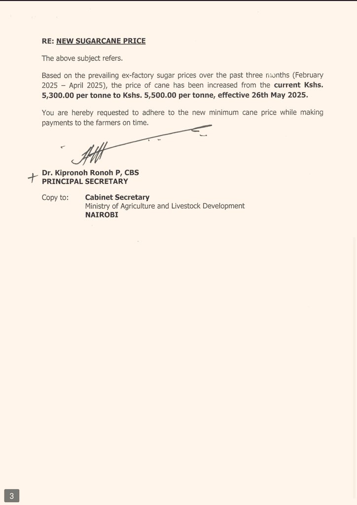 PESA MIFUKONI: Sugarcane Farmers to Earn More Starting 26th May!

The Govt has officially raised the cane price from Ksh 5,300 to Ksh 5,500 per tonne, effective May 26, 2025, following a 3-month review of sugar market trends. Timely payment at the new rate is now mandatory.