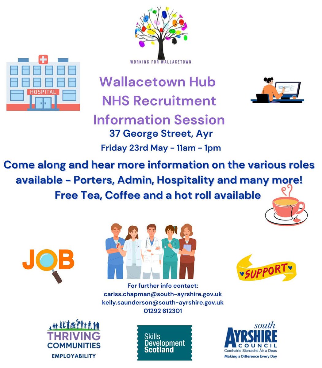 🚨NHS Recruitment Information Session Reminder🚨

Are you interested in a career with NHS Scotland? 

🏩Pop along to the information session at the Wallacetown Hub on Friday 23rd May at 11am - 1pm to find out more about various roles such including Porter, Admin, Hospitality 🏥