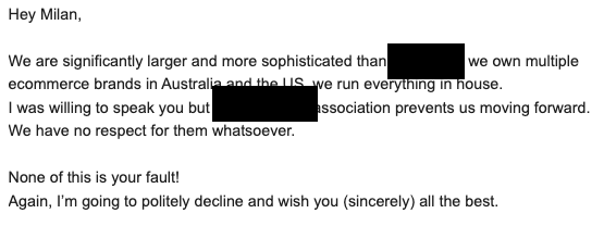 so had a call booked with a 8 fig brand. sent over a case study of a competitor we worked with to warm them up.

response: 
😂