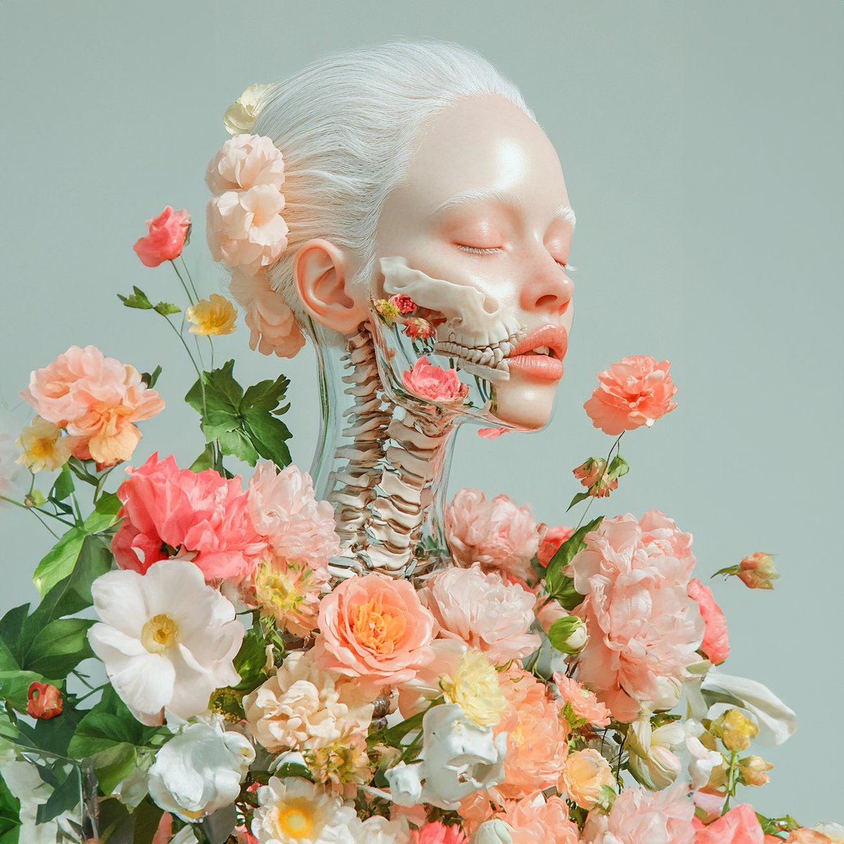 The Silence of Bloom reveals a truth buried deep: that beauty is not anchored to flesh, but woven through the spirit. Bone becomes soil, and from the hollow, petals rise - soft, defiant, eternal. skurpy.com/marketplace/co…