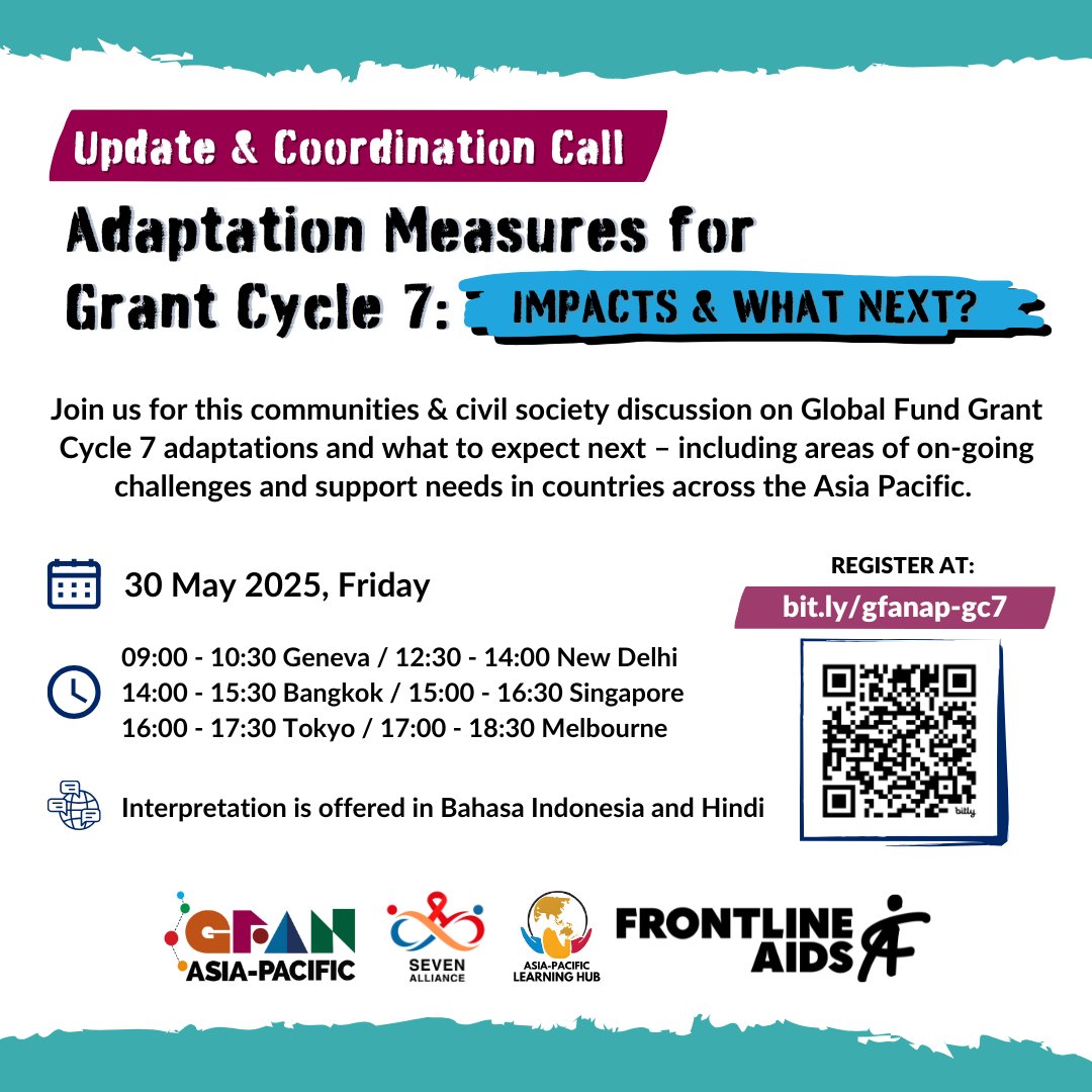 Global Fund Advocates Network Asia-Pacific (@gfanap) on Twitter photo 🔔Join this communities & CS discussion on GC7 adaptations & what to expect next – incl. areas of ongoing challenges & support needs in AP countries.
Co-organised by GFAN AP, <a href="/frontlineaids/">Frontline AIDS</a>, <a href="/sevenallianceap/">Seven Alliance AP</a> #AsiaPacificLearningHub.
Details below!
🔗bit.ly/gfanap-gc7 🔔Join this communities & CS discussion on GC7 adaptations & what to expect next – incl. areas of ongoing challenges & support needs in AP countries.
Co-organised by GFAN AP, <a href="/frontlineaids/">Frontline AIDS</a>, <a href="/sevenallianceap/">Seven Alliance AP</a> #AsiaPacificLearningHub.
Details below!
đź”—bit.ly/gfanap-gc7