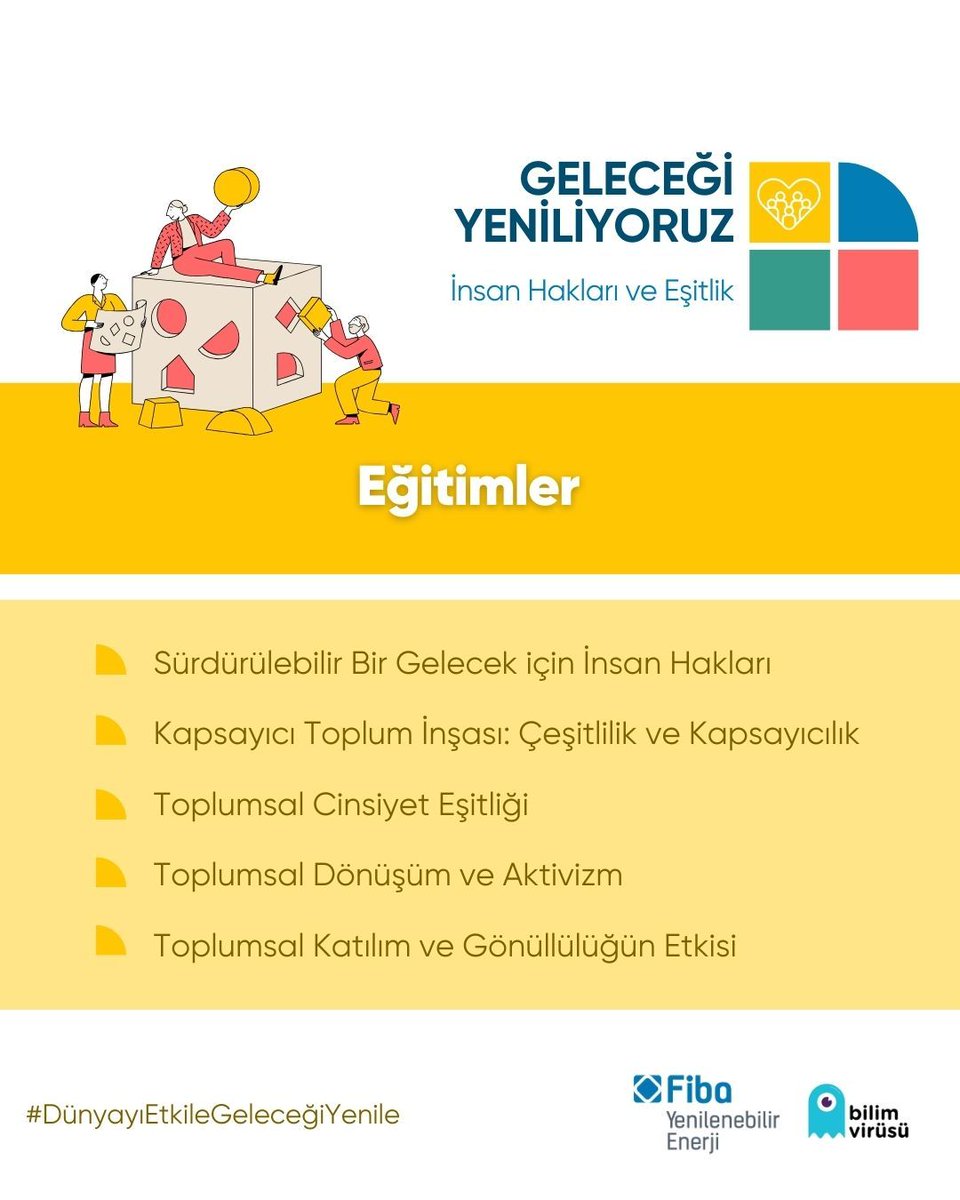 Geleceği Yeniliyoruz Programının Son Modülü İnsan Hakları ve Eşitlik Başlıyor 

Bilim Virüsü ve Fiba Yenilenebilir Enerji iş birliğiyle yürütülen “Geleceği Yeniliyoruz” programının dördüncü ve son modülü olan “İnsan Hakları ve Eşitlik”, toplumsal farkındalığını artırmak ve aktif
