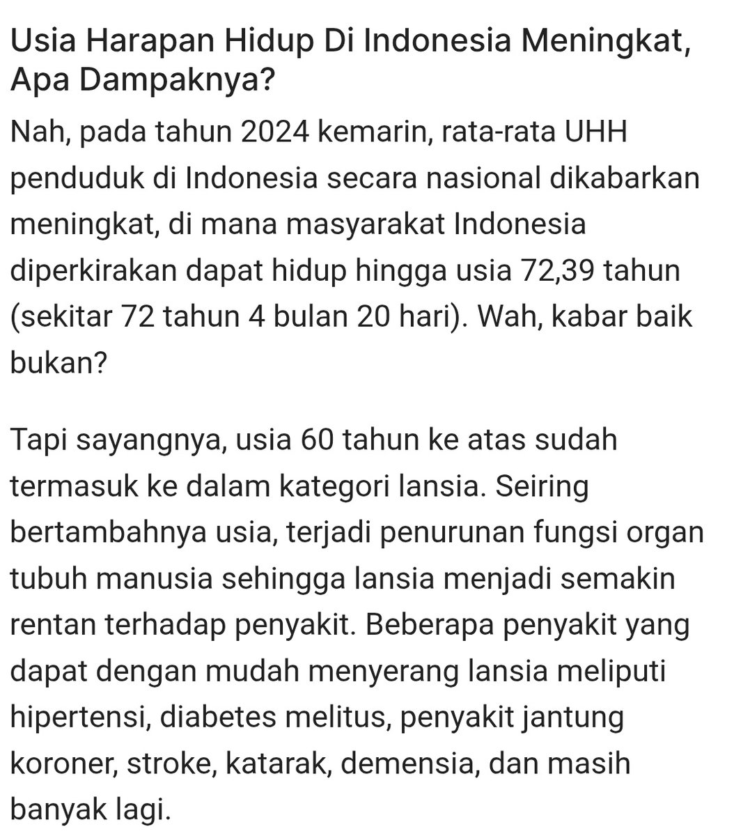 FYI = Usia Harapan Hidup Indonesia itu 72 tahun 4 bulan 20 hari.✅️

Dan 60 tahun udah masuk kategori lansia yang sering kena hipertensi, diabetes, jantung, stroke, dan demensia.🚨

Ini yakin orang2 masih mau ngantor 2 tahun menjelang wafat?