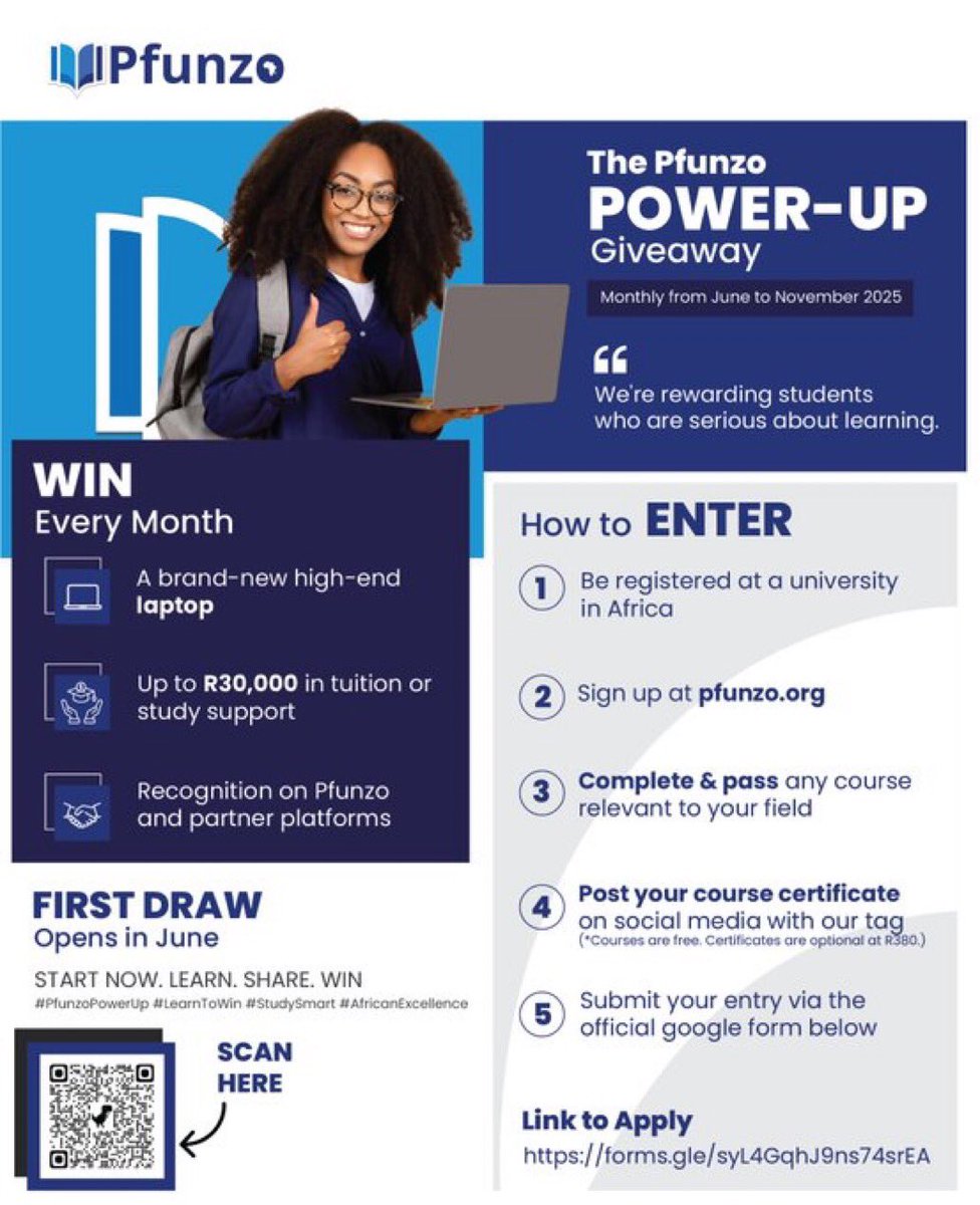 SiphoGurumbe's tweet photo. Pfunzo POWER-UP Giveaway is HERE!
They’re celebrating learners across Africa who are serious about their future.
You could WIN:
R1000 Cash
🚀How?
✅ Be a university student in Africa
✅ Sign up at https://t.co/2KEwC9piQ7
✅ Complete a FREE course
#PfunzoPowerUp https://t.co/1kROdMnIaK