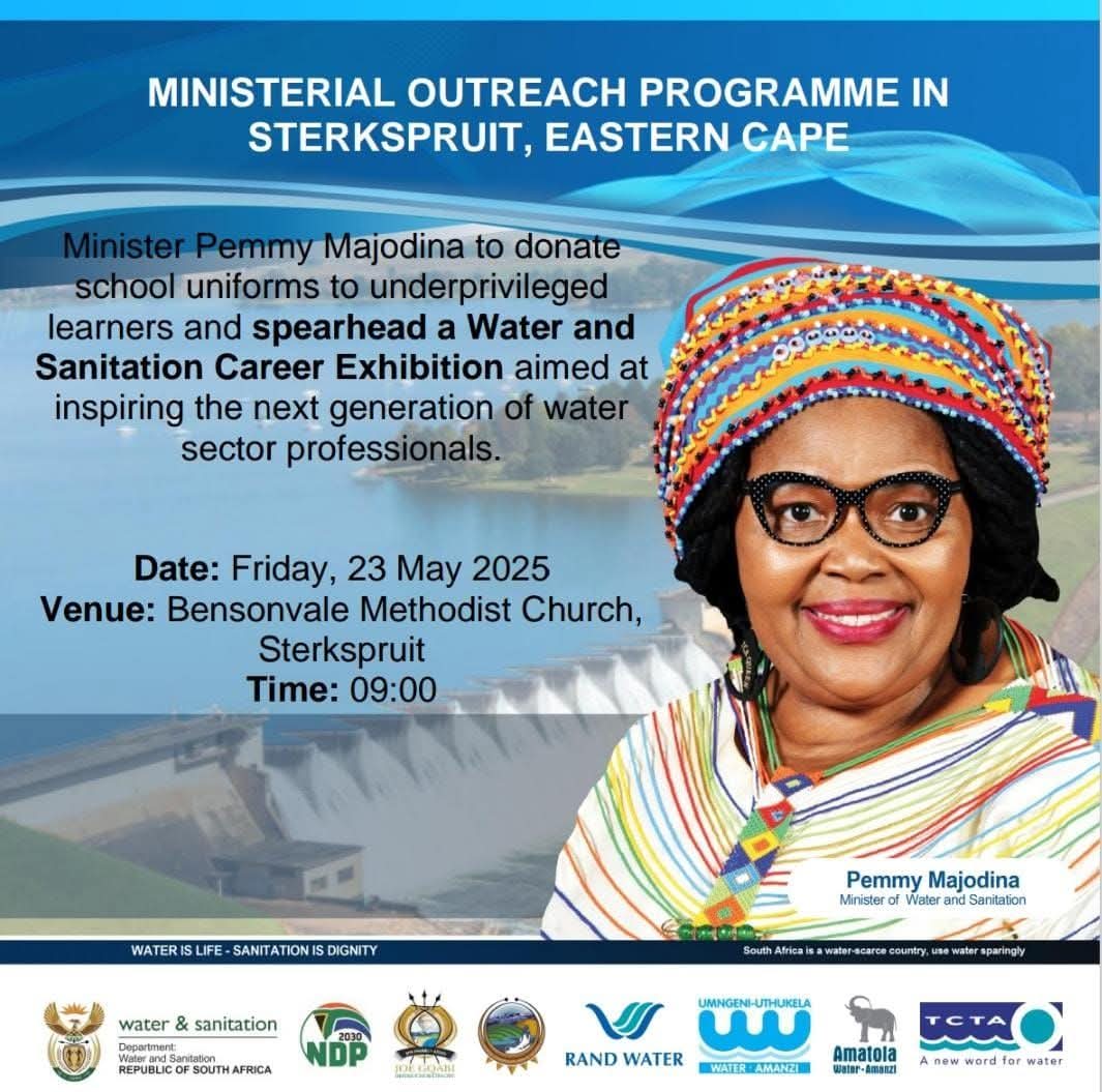 Minister Pemmy Majodina will donate school uniforms to underprivileged learners and spearhead a Water and Sanitation Career Exhibition aimed at inspiring the next generation of water sector professionals at Bensonvale Methodist Church in Sterkspruit, Joe Gqabi District.