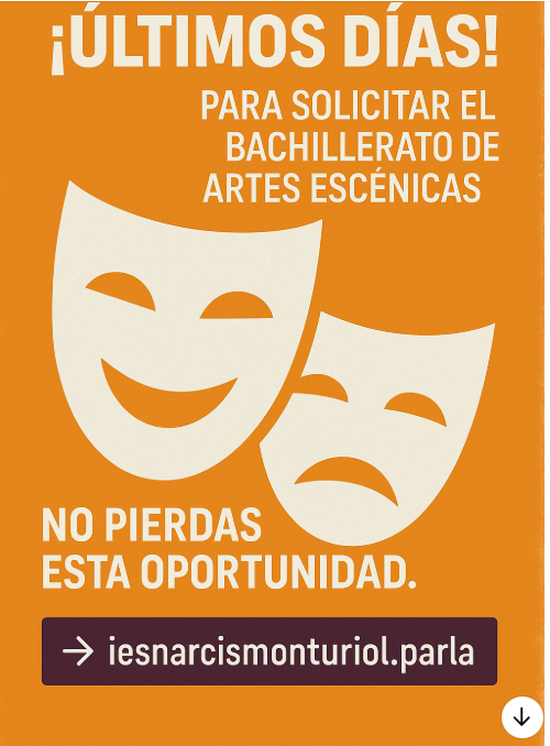 📷 Últimos días para solicitar plaza en Bachillerato de Artes Escénicas en el IES Narcís Monturiol.
Plazo limitado: ¡no te quedes fuera!
📷 Más info:
educa2.madrid.org/web/centro.ies…
#Bachillerato #ArtesEscénicas #Parla