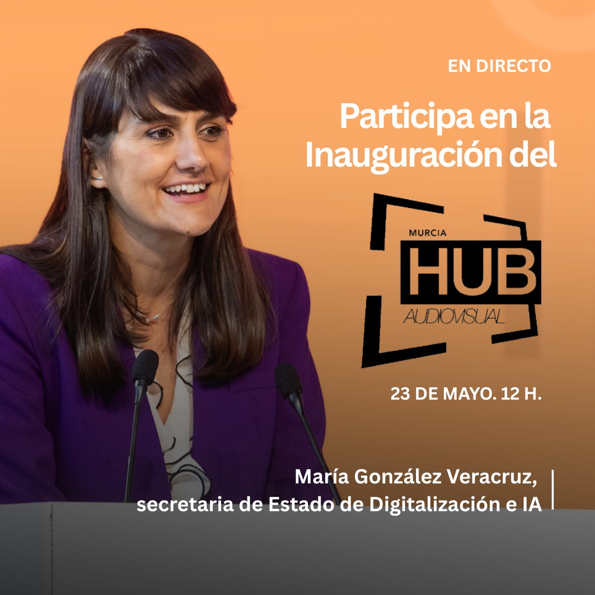 S.E. Digitalización e Inteligencia Artificial (@sediagob) on Twitter photo La secretaria de Estado <a href="/mariagv/">M González Veracruz</a> inaugura el Hub Audiovisual de Murcia 🎬🎮 junto a <a href="/AytoMurcia/">Ayuntamiento de Murcia</a> y <a href="/redpuntoes/">Red.es</a>.
El Gobierno 🇪🇸, con <a href="/SpainAVSHub/">Spain Audiovisual Hub</a> , destina 5,6M€ para impulsar talento murciano en audiovisual y en gaming.
23 mayo, 12h.
🔴 #EnDirecto: youtube.com/live/PRXRQ26-S… La secretaria de Estado <a href="/mariagv/">M González Veracruz</a> inaugura el Hub Audiovisual de Murcia 🎬🎮 junto a <a href="/AytoMurcia/">Ayuntamiento de Murcia</a> y <a href="/redpuntoes/">Red.es</a>.
El Gobierno 🇪🇸, con <a href="/SpainAVSHub/">Spain Audiovisual Hub</a> , destina 5,6M€ para impulsar talento murciano en audiovisual y en gaming.
23 mayo, 12h.
🔴 #EnDirecto: youtube.com/live/PRXRQ26-S…