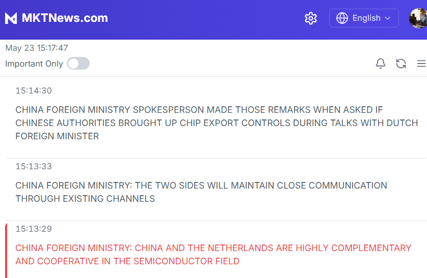 🇨🇳🇳🇱CHINA FOREIGN MINISTRY: CHINA AND THE NETHERLANDS ARE HIGHLY COMPLEMENTARY AND COOPERATIVE IN THE SEMICONDUCTOR FIELD. THE TWO SIDES WILL MAINTAIN CLOSE COMMUNICATION THROUGH EXISTING CHANNELS
mktnews.com/flashDetail.ht…