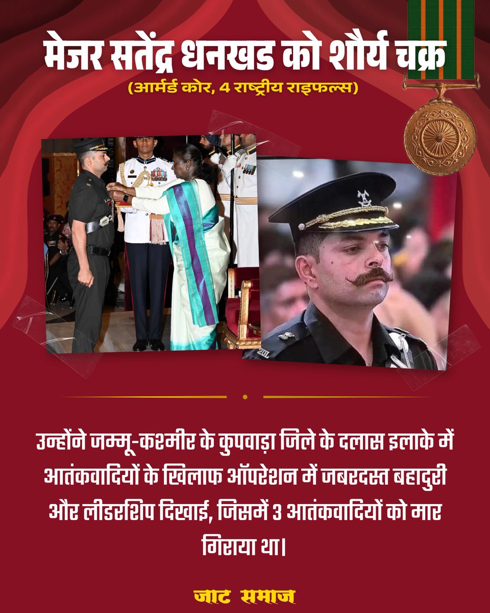 मेजर सतेंद्र धनखड को शौर्य चक्र 🇮🇳🙏

हरियाणा जिला फरीदाबाद गाँव मच्छगर के वीर योद्धा भारतीय सेना में मेजर सतेंदर सिंह धनखड़ जी (आर्मर्ड कोर, 4 राष्ट्रीय राइफल्स) को राष्ट्रपति जी द्वारा शौर्य चक्र से सम्मानित करने पर बहुत बहुत हार्दिक बधाई। 
#जाट_समाज