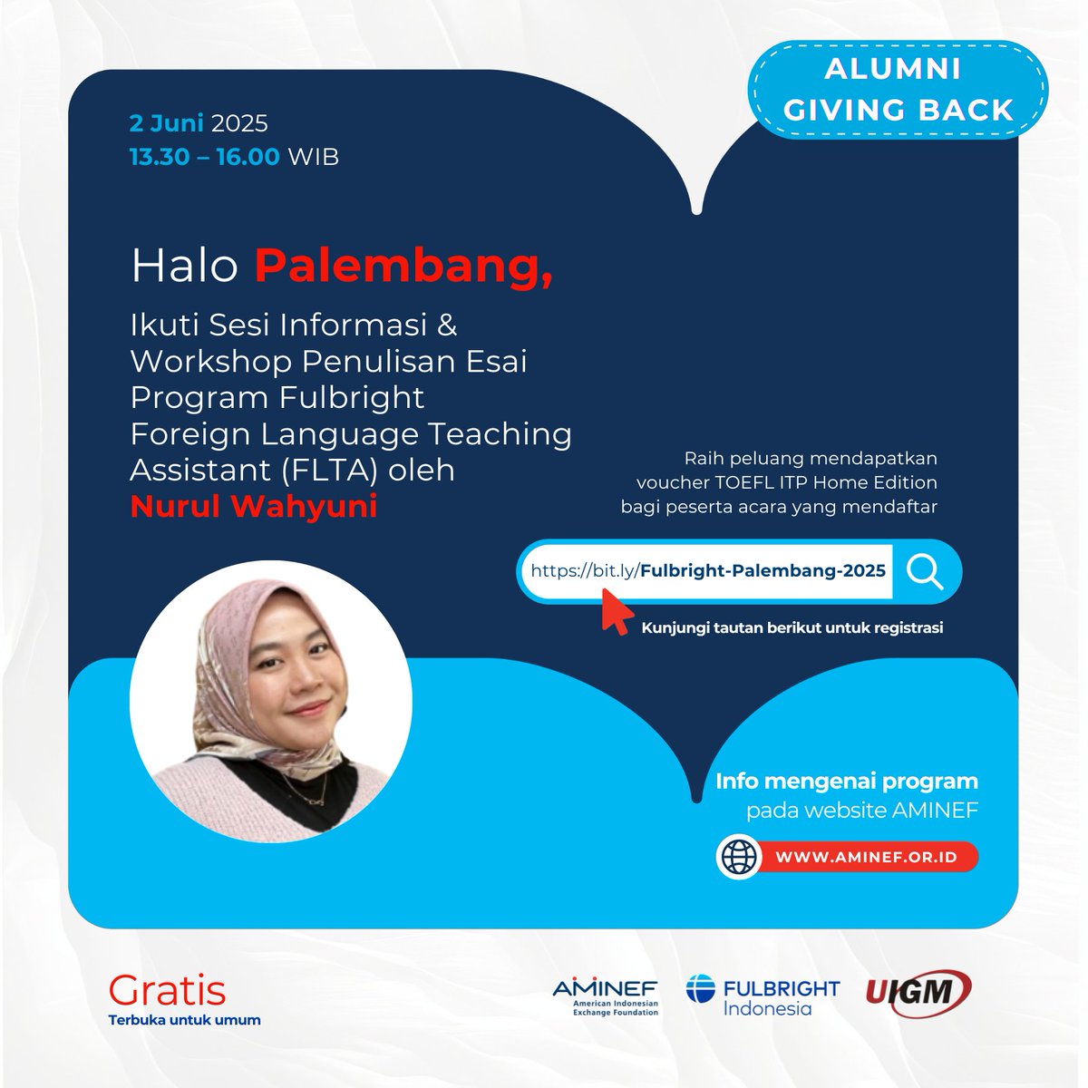 FulbrightID's tweet image. Dari Palembang ke Amerika, kembali lagi untuk berbagi 👐

Melalui sesi #AlumniGivingBack, Nurul Wahyuni, alumni Fulbright FLTA, akan berbagi pengalaman mengajar di AS dan membimbing calon pelamar dari komunitasnya.