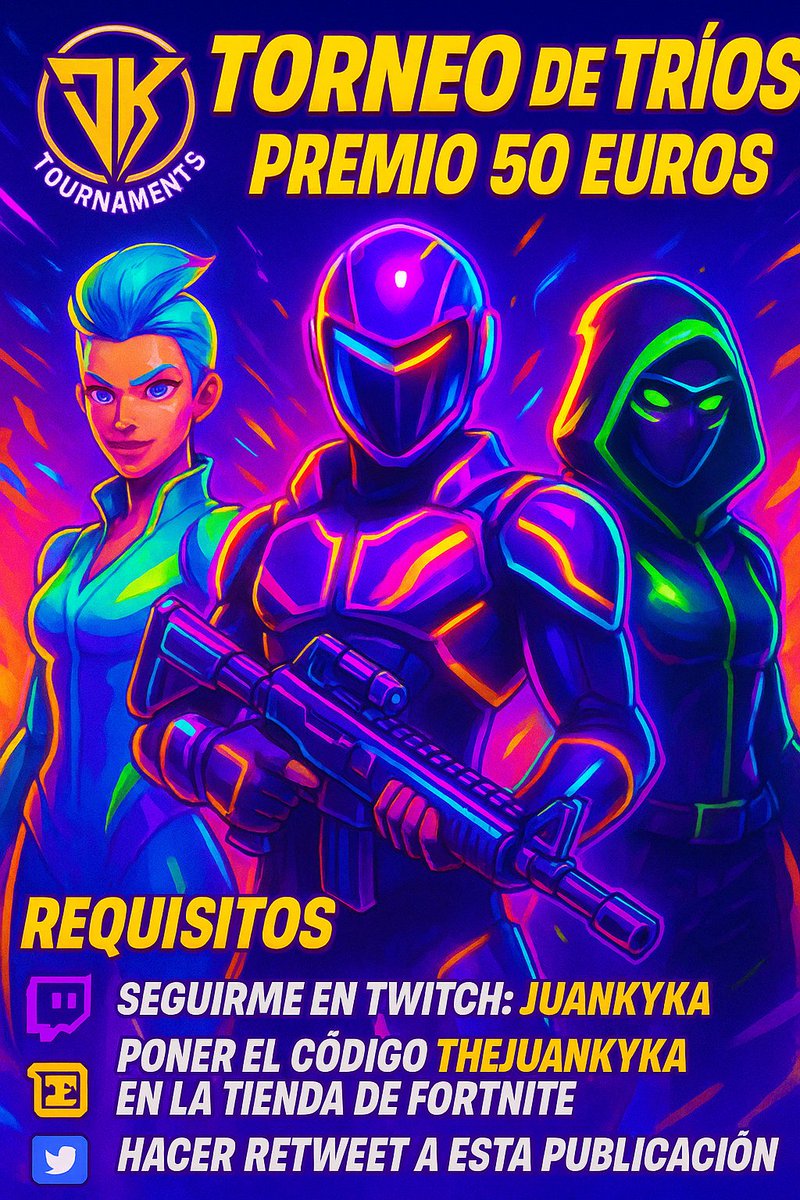 Nuevo torneo de tríos BRTournaments Settings con NORMAS, premio 50 euros, toda la info en el discord: discord.gg/aAybmTsWsJ.
Requisitos para participar: 
-Seguirme en twitch: twitch.tv/juankyka
-Poner código THEJUANKYKA en la tienda de fortnite.
-Retweet a esta publicación