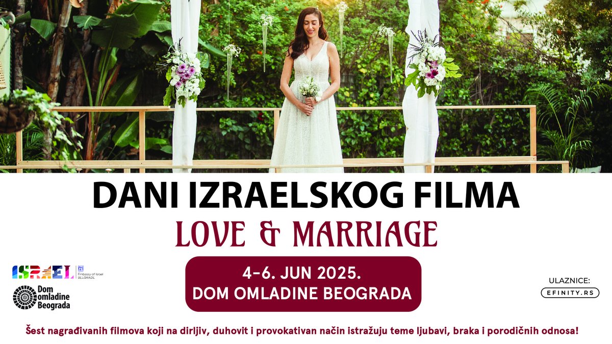 Ambasada Izraela (@israelinserbia) on Twitter photo 📽️Tradicionalni festival 𝐃𝐚𝐧𝐢 𝐢𝐳𝐫𝐚𝐞𝐥𝐬𝐤𝐨𝐠 𝐟𝐢𝐥𝐦𝐚 ponovo je pred beogradskom publikom! <a href="/DomOmladineBG/">Dom omladine Beograda</a>
🎬Posetioci će imati priliku da pogledaju šest nagrađivanih filmova koji na dirljiv, duhovit i često provokativan način istražuju teme ljubavi, braka i 📽️Tradicionalni festival 𝐃𝐚𝐧𝐢 𝐢𝐳𝐫𝐚𝐞𝐥𝐬𝐤𝐨𝐠 𝐟𝐢𝐥𝐦𝐚 ponovo je pred beogradskom publikom! <a href="/DomOmladineBG/">Dom omladine Beograda</a>
🎬Posetioci će imati priliku da pogledaju šest nagrađivanih filmova koji na dirljiv, duhovit i često provokativan način istražuju teme ljubavi, braka i