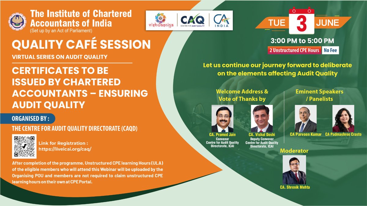 Register for 24th Quality Café Session on "Certificates to be Issued by Chartered Accountants-Ensuring Audit Quality" on 3.06.25 from 3 to 5 PM at live.icai.org/caq/

Send Ques related to the topic at shorturl.at/ciUYP

<a href="/CAPramodLunawat/">CA. Pramod Jain</a> <a href="/cavishaldoshi/">Vishal Doshi</a> 

#cacertificates