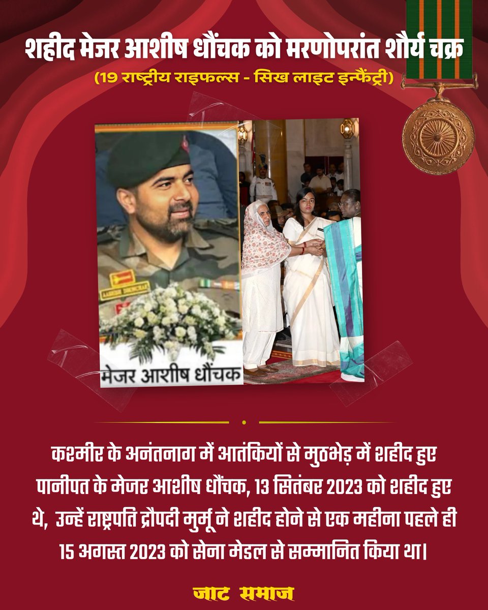 शहीद मेजर आशीष धौंचक को मरणोपरांत शौर्य चक्र

कश्मीर के अनंतनाग में आतंकियों से मुठभेड़ में शहीद हुए पानीपत के मेजर आशीष धौंचक को मरणोपरांत शौर्य चक्र मिला राष्ट्रपति दौपद्री मुर्मू ने शहीद की मां कमला देवी और पत्नी ज्योति धौंचक को यह सम्मान दिया 🙏
#जाट_समाज